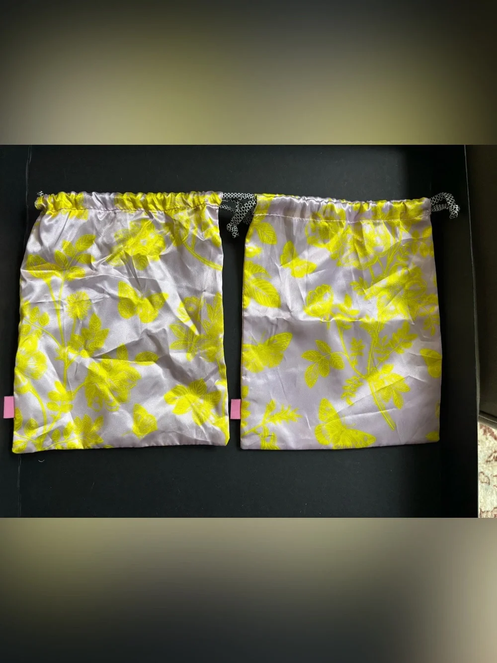 Set of two Ipsy Yellow Floral Satin Drawstring Pouches